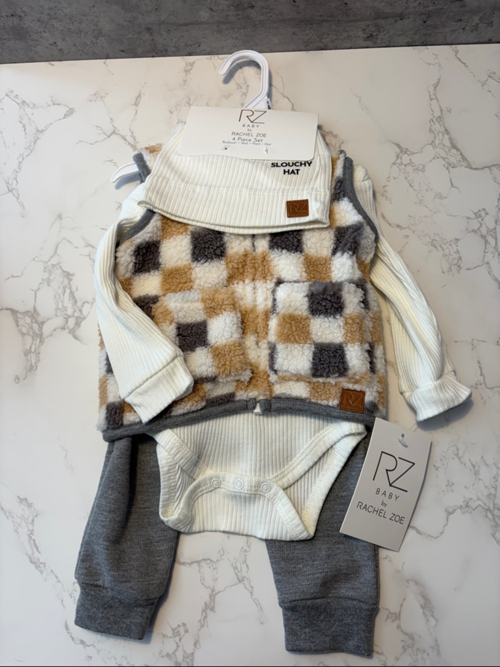 Rachel Zoe RZ Baby NWT Cream, Taupe & Gray Plaid Sherpa Vest Baby Set size 3-6 m